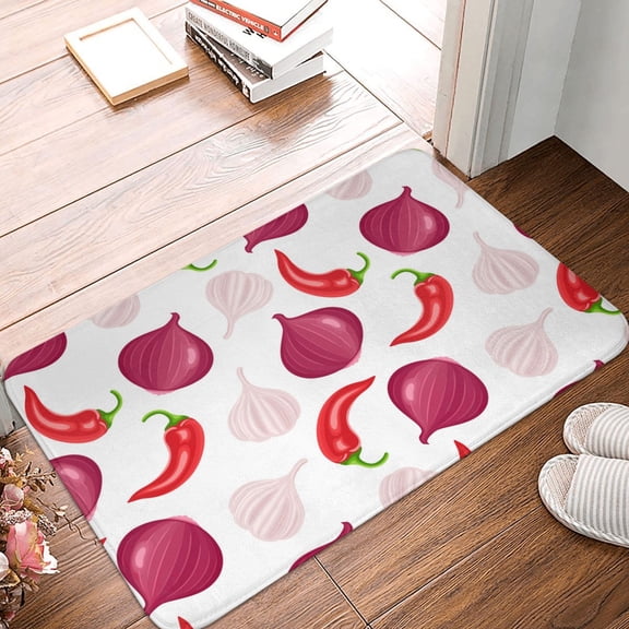 Front Door Mat Indoor Outdoor Outside Entrance - 16*24in Washable Chili Pepper Onion Print Thin Bathroom Rugs Fit Under Door, Bath Rugs for Bathroom, Kitchen Rugs Mats for Floor