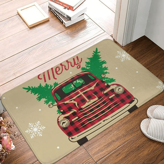 Front Door Mat Indoor Outdoor Outside Entrance - 16*24in Washable Christmas Vintage Red Truck Thin Bathroom Rugs Fit Under Door, Bath Rugs for Bathroom, Kitchen Rugs Mats for Floor