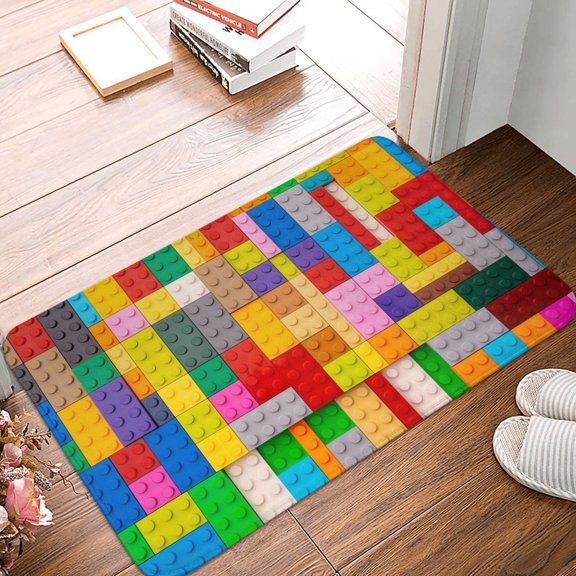 Front Door Mat Indoor Outdoor Outside Entrance - 16*24in Washable Colorful Plastic Blocks Pattern Thin Bathroom Rugs Fit Under Door, Bath Rugs for Bathroom, Kitchen Rugs Mats for Floor