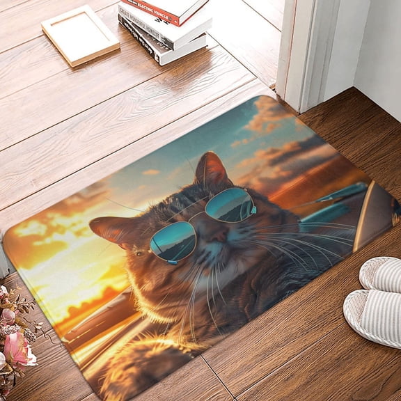 Front Door Mat Indoor Outdoor Outside Entrance - 16*24in Washable Cool Cat Driving Sunset Thin Bathroom Rugs Fit Under Door, Bath Rugs for Bathroom, Kitchen Rugs Mats for Floor