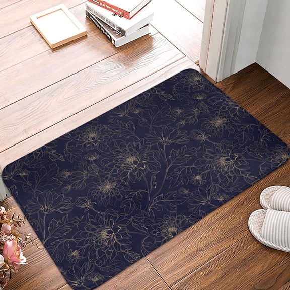 Front Door Mat Indoor Outdoor Outside Entrance - 16*24in Washable Copper-Gold Gloss Outline Chrysanthemum Thin Bathroom Rugs Fit Under Door, Bath Rugs for Bathroom, Kitchen Rugs Mats for Floor