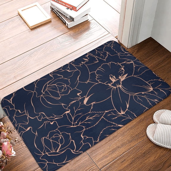 Front Door Mat Indoor Outdoor Outside Entrance - 16*24in Washable Copper-Gold Gloss Outline Flower Thin Bathroom Rugs Fit Under Door, Bath Rugs for Bathroom, Kitchen Rugs Mats for Floor