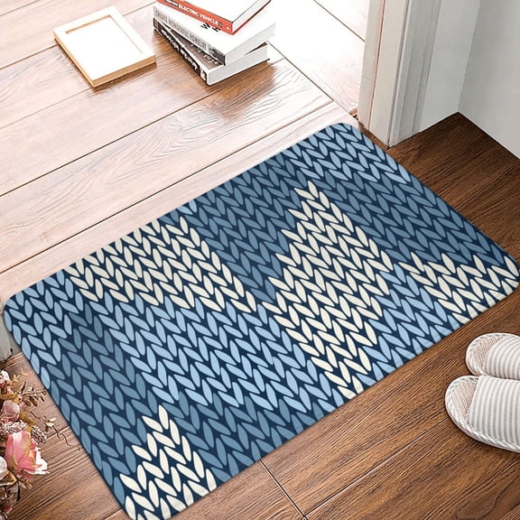 Front Door Mat Indoor Outdoor Outside Entrance - 16*24in Washable Cozy Knitted Blue Chevron Thin Bathroom Rugs Fit Under Door, Bath Rugs for Bathroom, Kitchen Rugs Mats for Floor