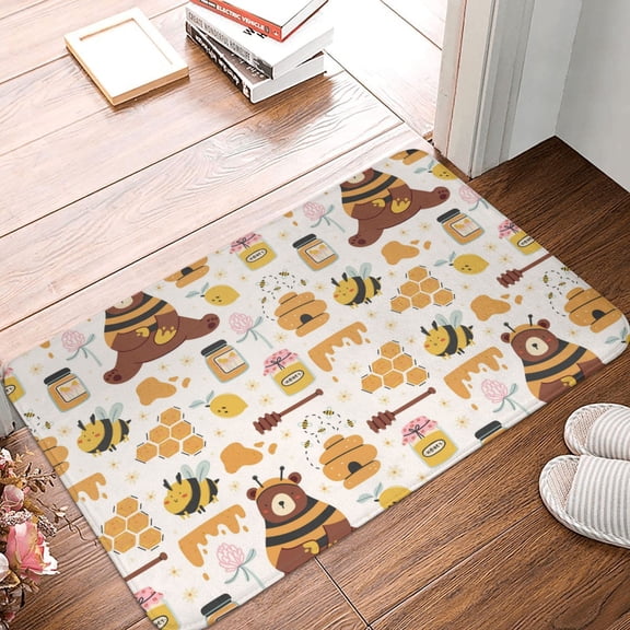 Front Door Mat Indoor Outdoor Outside Entrance - 16*24in Washable Cute Bee Honey Jar Hive Bear Thin Bathroom Rugs Fit Under Door, Bath Rugs for Bathroom, Kitchen Rugs Mats for Floor