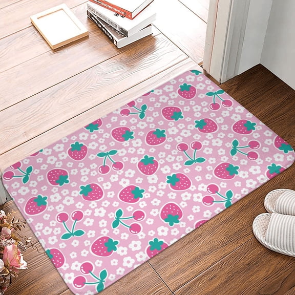 Front Door Mat Indoor Outdoor Outside Entrance - 16*24in Washable Cute Berry Strawberry Flower Thin Bathroom Rugs Fit Under Door, Bath Rugs for Bathroom, Kitchen Rugs Mats for Floor