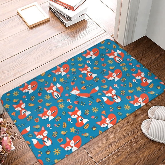 Front Door Mat Indoor Outdoor Outside Entrance - 16*24in Washable Cute Fox Floral Thin Bathroom Rugs Fit Under Door, Bath Rugs for Bathroom, Kitchen Rugs Mats for Floor