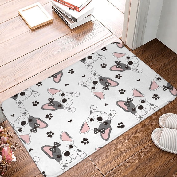 Front Door Mat Indoor Outdoor Outside Entrance - 16*24in Washable Cute French Bulldog With Bow Thin Bathroom Rugs Fit Under Door, Bath Rugs for Bathroom, Kitchen Rugs Mats for Floor