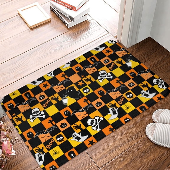 Front Door Mat Indoor Outdoor Outside Entrance - 16*24in Washable Cute Ghost Halloween Plaid Thin Bathroom Rugs Fit Under Door, Bath Rugs for Bathroom, Kitchen Rugs Mats for Floor
