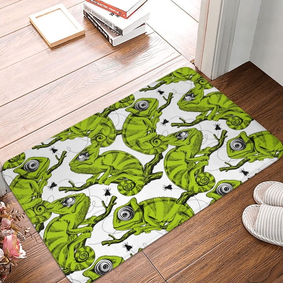 Front Door Mat Indoor Outdoor Outside Entrance - 16*24in Washable Cute Lizard Chameleon Green Thin Bathroom Rugs Fit Under Door, Bath Rugs for Bathroom, Kitchen Rugs Mats for Floor