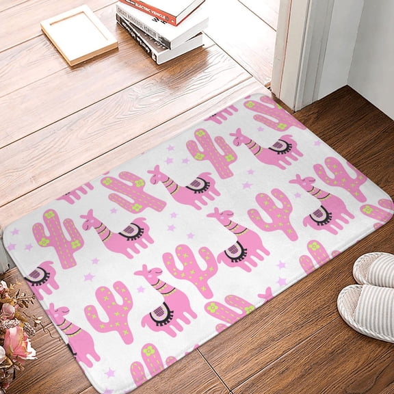 Front Door Mat Indoor Outdoor Outside Entrance - 16*24in Washable Cute Pink Llama Alpaca Cactus Thin Bathroom Rugs Fit Under Door, Bath Rugs for Bathroom, Kitchen Rugs Mats for Floor