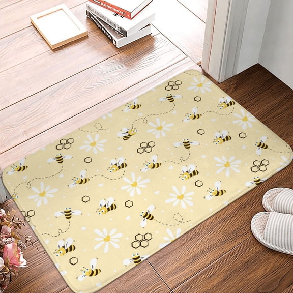 Front Door Mat Indoor Outdoor Outside Entrance - 16*24in Washable Daisy Bee Yellow Cute Cartoon Thin Bathroom Rugs Fit Under Door, Bath Rugs for Bathroom, Kitchen Rugs Mats for Floor