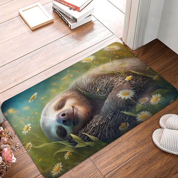 Front Door Mat Indoor Outdoor Outside Entrance - 16*24in Washable Daisy Sleeping Sloth Thin Bathroom Rugs Fit Under Door, Bath Rugs for Bathroom, Kitchen Rugs Mats for Floor