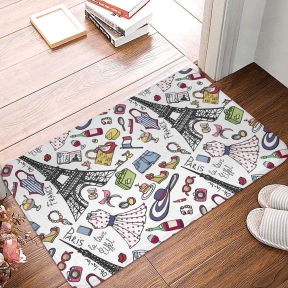 Front Door Mat Indoor Outdoor Outside Entrance - 16*24in Washable Eiffel Tower Fancy Thin Bathroom Rugs Fit Under Door, Bath Rugs for Bathroom, Kitchen Rugs Mats for Floor