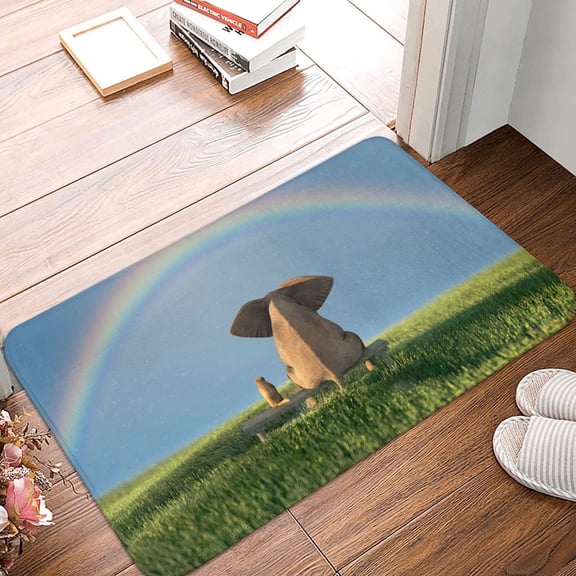 Front Door Mat Indoor Outdoor Outside Entrance - 16*24in Washable Elephant Dog Sitting Under The Rainbow Thin Bathroom Rugs Fit Under Door, Bath Rugs for Bathroom, Kitchen Rugs Mats for Floor