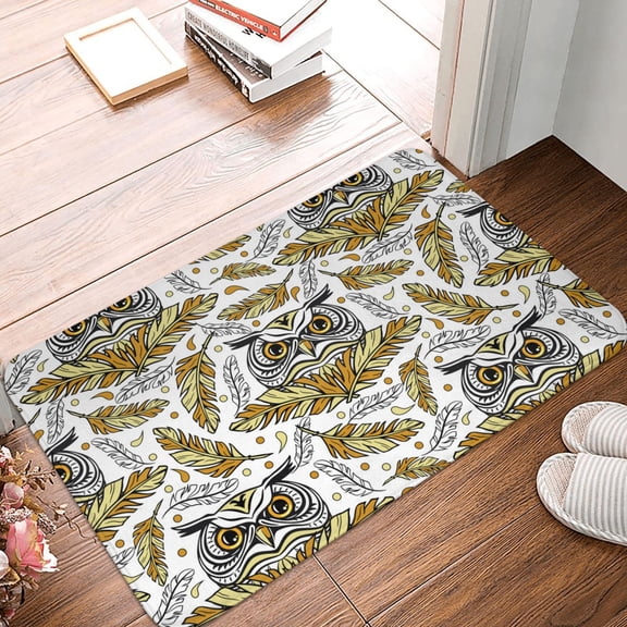 Front Door Mat Indoor Outdoor Outside Entrance - 16*24in Washable Feathered Owl Print Thin Bathroom Rugs Fit Under Door, Bath Rugs for Bathroom, Kitchen Rugs Mats for Floor