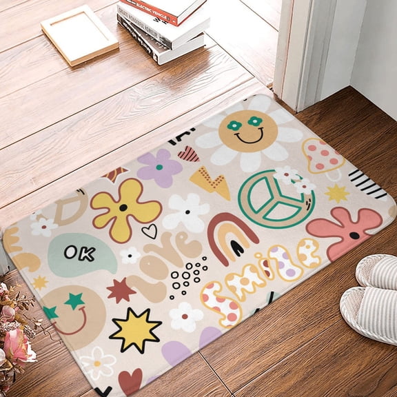 Front Door Mat Indoor Outdoor Outside Entrance - 16*24in Washable Flowers Rainbow Peace Sign Thin Bathroom Rugs Fit Under Door, Bath Rugs for Bathroom, Kitchen Rugs Mats for Floor