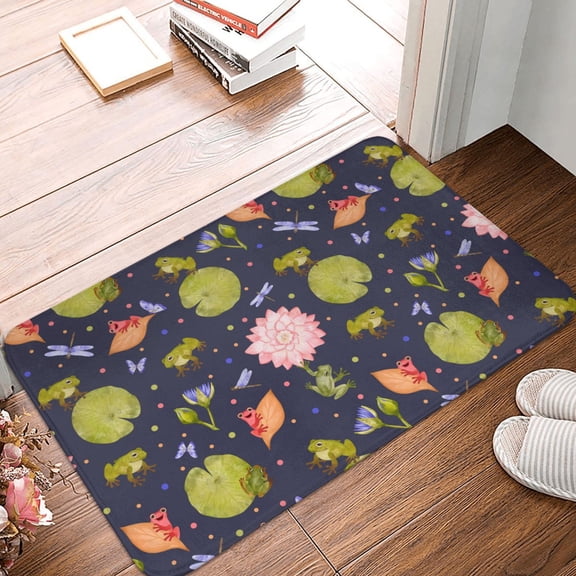 Front Door Mat Indoor Outdoor Outside Entrance - 16*24in Washable Frog And Flowers Thin Bathroom Rugs Fit Under Door, Bath Rugs for Bathroom, Kitchen Rugs Mats for Floor