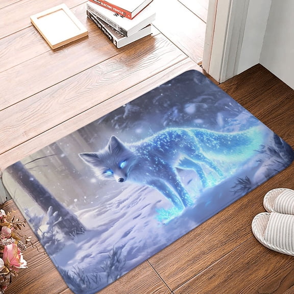 Front Door Mat Indoor Outdoor Outside Entrance - 16*24in Washable Glowing Winter Arctic Fox Thin Bathroom Rugs Fit Under Door, Bath Rugs for Bathroom, Kitchen Rugs Mats for Floor