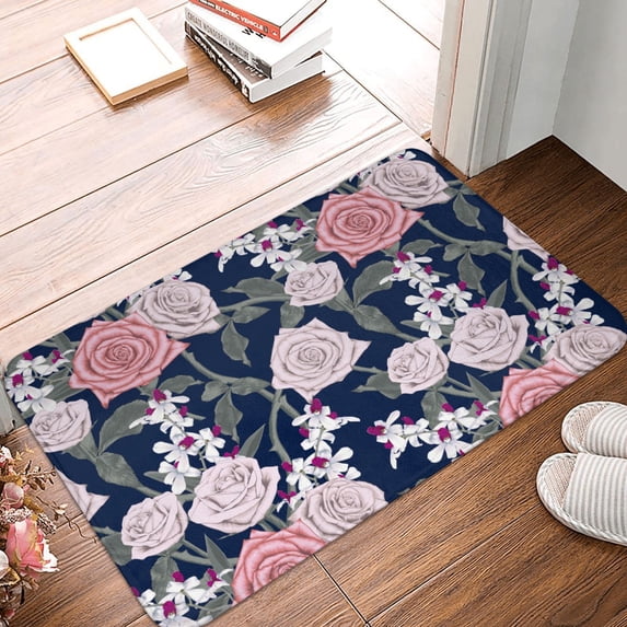 Front Door Mat Indoor Outdoor Outside Entrance - 16*24in Washable Gorgeous Pink Rose Flowers Thin Bathroom Rugs Fit Under Door, Bath Rugs for Bathroom, Kitchen Rugs Mats for Floor