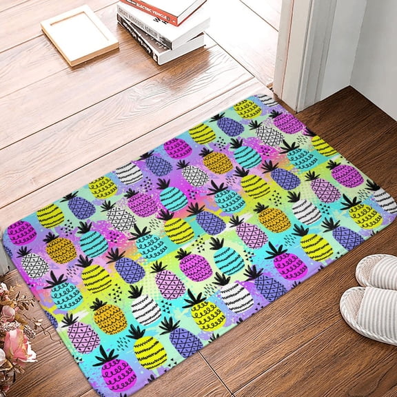 Front Door Mat Indoor Outdoor Outside Entrance - 16*24in Washable Graffiti Pineapples On Neon Thin Bathroom Rugs Fit Under Door, Bath Rugs for Bathroom, Kitchen Rugs Mats for Floor