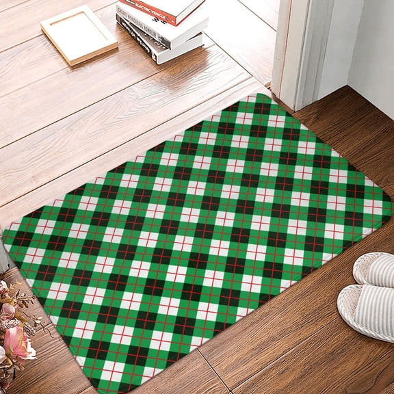 Front Door Mat Indoor Outdoor Outside Entrance - 16*24in Washable Green Argyle Plaid Thin Bathroom Rugs Fit Under Door, Bath Rugs for Bathroom, Kitchen Rugs Mats for Floor