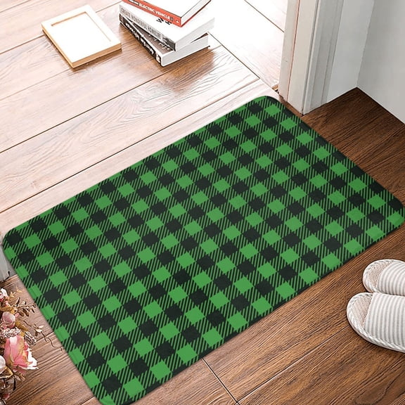 Front Door Mat Indoor Outdoor Outside Entrance - 16*24in Washable Green Gingham Buffalo Plaid Thin Bathroom Rugs Fit Under Door, Bath Rugs for Bathroom, Kitchen Rugs Mats for Floor