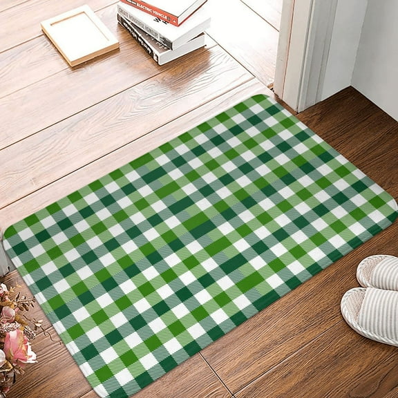 Front Door Mat Indoor Outdoor Outside Entrance - 16*24in Washable Green Gingham Plaid Checkered Thin Bathroom Rugs Fit Under Door, Bath Rugs for Bathroom, Kitchen Rugs Mats for Floor