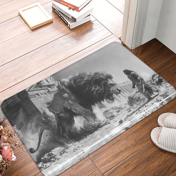 Front Door Mat Indoor Outdoor Outside Entrance - 16*24in Washable Heroic Lion Encounter Thin Bathroom Rugs Fit Under Door, Bath Rugs for Bathroom, Kitchen Rugs Mats for Floor