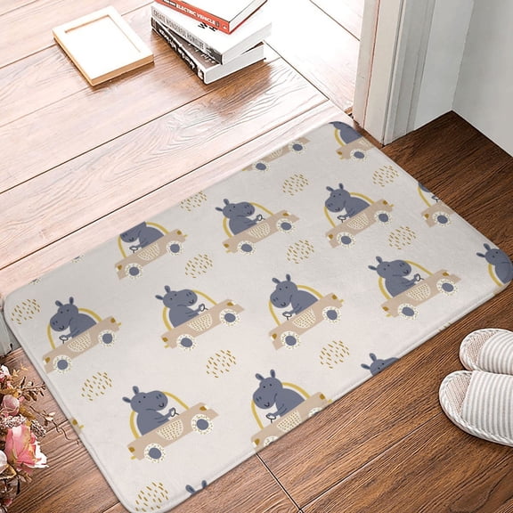 Front Door Mat Indoor Outdoor Outside Entrance - 16*24in Washable Hippos Driving A Car Thin Bathroom Rugs Fit Under Door, Bath Rugs for Bathroom, Kitchen Rugs Mats for Floor