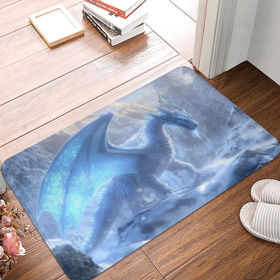 Front Door Mat Indoor Outdoor Outside Entrance - 16*24in Washable Icy Blue Dragon In Snow Thin Bathroom Rugs Fit Under Door, Bath Rugs for Bathroom, Kitchen Rugs Mats for Floor