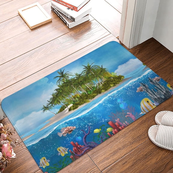 Front Door Mat Indoor Outdoor Outside Entrance - 16*24in Washable Island And Coral Reef Thin Bathroom Rugs Fit Under Door, Bath Rugs for Bathroom, Kitchen Rugs Mats for Floor