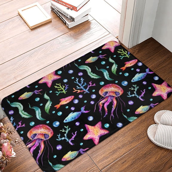 Front Door Mat Indoor Outdoor Outside Entrance - 16*24in Washable Jellyfish Starfish Print Thin Bathroom Rugs Fit Under Door, Bath Rugs for Bathroom, Kitchen Rugs Mats for Floor