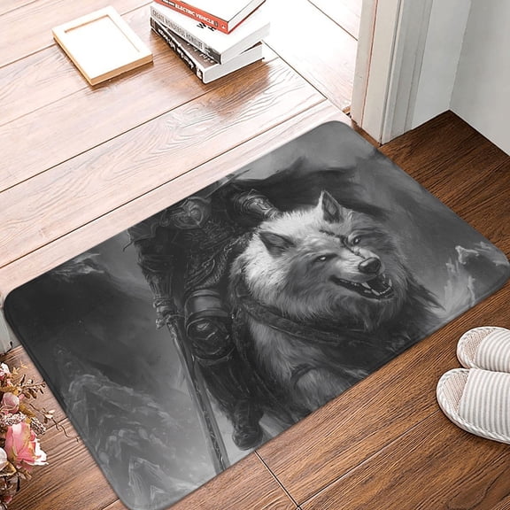 Front Door Mat Indoor Outdoor Outside Entrance - 16*24in Washable Knight Riding Giant Wolf Thin Bathroom Rugs Fit Under Door, Bath Rugs for Bathroom, Kitchen Rugs Mats for Floor