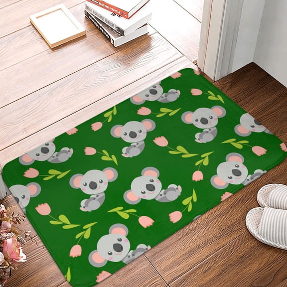 Front Door Mat Indoor Outdoor Outside Entrance - 16*24in Washable Koala Tulip Print Green Thin Bathroom Rugs Fit Under Door, Bath Rugs for Bathroom, Kitchen Rugs Mats for Floor