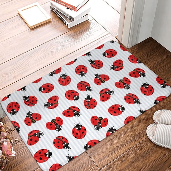 Front Door Mat Indoor Outdoor Outside Entrance - 16*24in Washable Ladybug On Blue Stripes Thin Bathroom Rugs Fit Under Door, Bath Rugs for Bathroom, Kitchen Rugs Mats for Floor