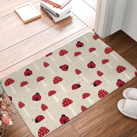 Front Door Mat Indoor Outdoor Outside Entrance - 16*24in Washable Ladybug With Mushroom Thin Bathroom Rugs Fit Under Door, Bath Rugs for Bathroom, Kitchen Rugs Mats for Floor