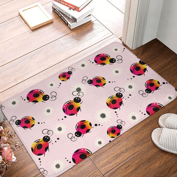 Front Door Mat Indoor Outdoor Outside Entrance - 16*24in Washable Ladybugs And Flower Thin Bathroom Rugs Fit Under Door, Bath Rugs for Bathroom, Kitchen Rugs Mats for Floor