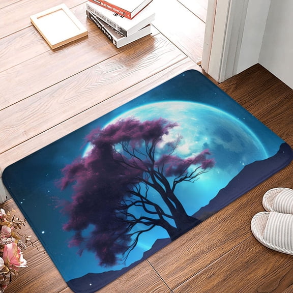 Front Door Mat Indoor Outdoor Outside Entrance - 16*24in Washable Lakeside Tree Blue Moon Thin Bathroom Rugs Fit Under Door, Bath Rugs for Bathroom, Kitchen Rugs Mats for Floor