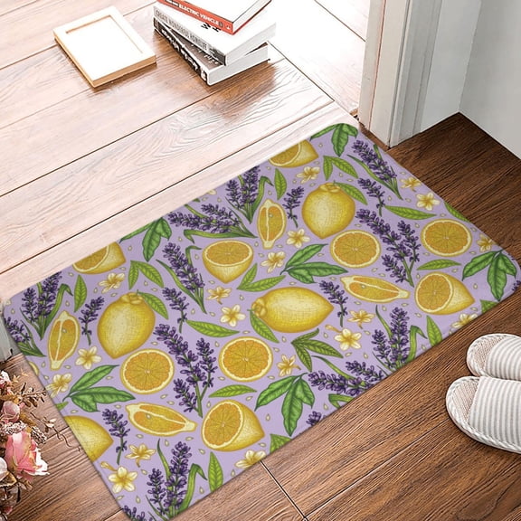 Front Door Mat Indoor Outdoor Outside Entrance - 16*24in Washable Lavender Flowers Lemon Slices Thin Bathroom Rugs Fit Under Door, Bath Rugs for Bathroom, Kitchen Rugs Mats for Floor