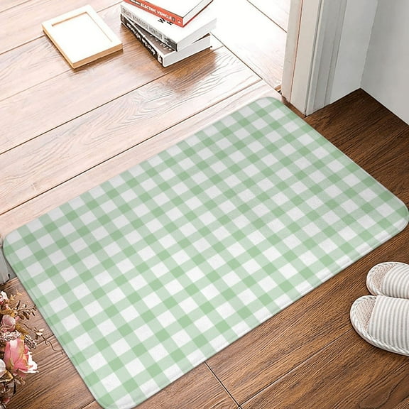Front Door Mat Indoor Outdoor Outside Entrance - 16*24in Washable Light Green Checkered Grid Thin Bathroom Rugs Fit Under Door, Bath Rugs for Bathroom, Kitchen Rugs Mats for Floor