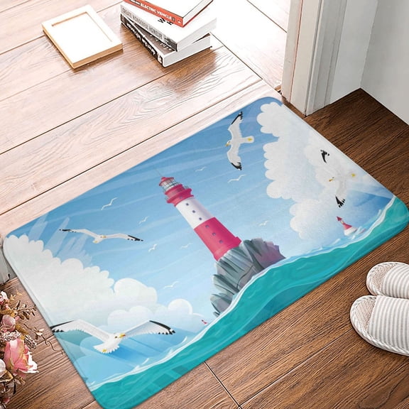 Front Door Mat Indoor Outdoor Outside Entrance - 16*24in Washable Lighthouse Sea Port Thin Bathroom Rugs Fit Under Door, Bath Rugs for Bathroom, Kitchen Rugs Mats for Floor
