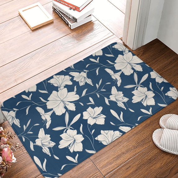 Front Door Mat Indoor Outdoor Outside Entrance - 16*24in Washable Lilies Flowers Navy Blue Thin Bathroom Rugs Fit Under Door, Bath Rugs for Bathroom, Kitchen Rugs Mats for Floor