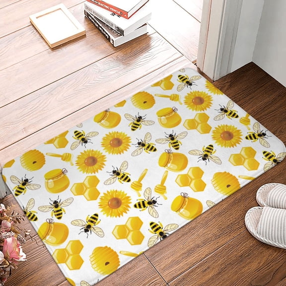 Front Door Mat Indoor Outdoor Outside Entrance - 16*24in Washable Lively Cartoon Bees Honey Thin Bathroom Rugs Fit Under Door, Bath Rugs for Bathroom, Kitchen Rugs Mats for Floor