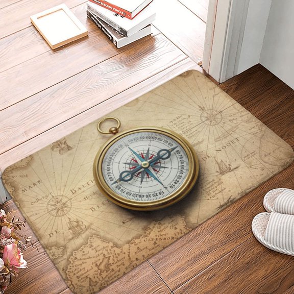 Front Door Mat Indoor Outdoor Outside Entrance - 16*24in Washable Magnetic Old Compass On World Map Thin Bathroom Rugs Fit Under Door, Bath Rugs for Bathroom, Kitchen Rugs Mats for Floor