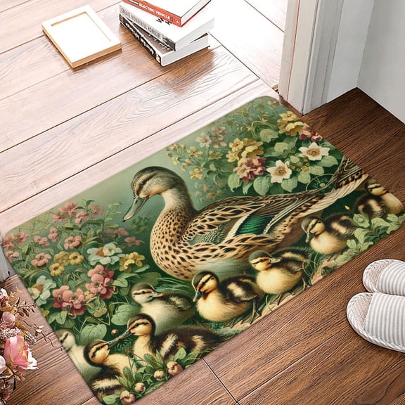 Front Door Mat Indoor Outdoor Outside Entrance - 16*24in Washable Mallard Duck And Flowers Thin Bathroom Rugs Fit Under Door, Bath Rugs for Bathroom, Kitchen Rugs Mats for Floor