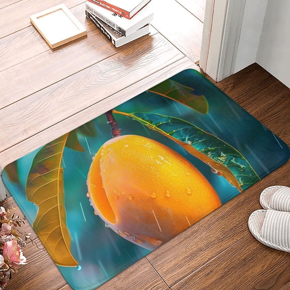 Front Door Mat Indoor Outdoor Outside Entrance - 16*24in Washable Mango In The Rain Thin Bathroom Rugs Fit Under Door, Bath Rugs for Bathroom, Kitchen Rugs Mats for Floor