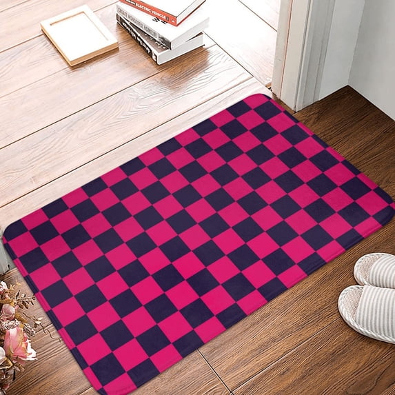 Front Door Mat Indoor Outdoor Outside Entrance - 16*24in Washable Navyblue Pink Checkered Thin Bathroom Rugs Fit Under Door, Bath Rugs for Bathroom, Kitchen Rugs Mats for Floor