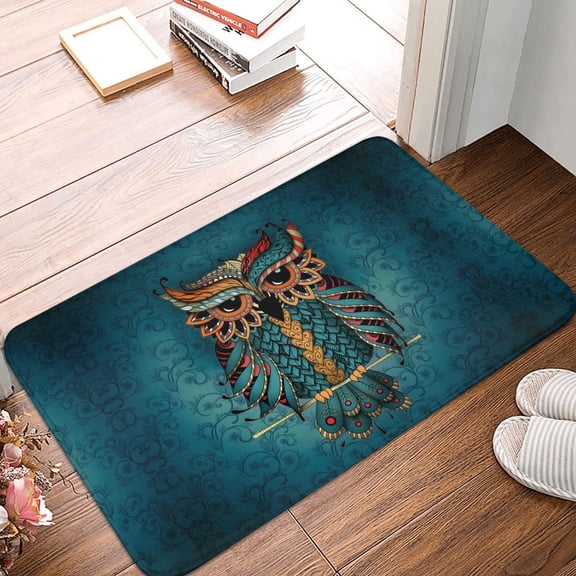 Front Door Mat Indoor Outdoor Outside Entrance - 16*24in Washable Owl In Blue Thin Bathroom Rugs Fit Under Door, Bath Rugs for Bathroom, Kitchen Rugs Mats for Floor