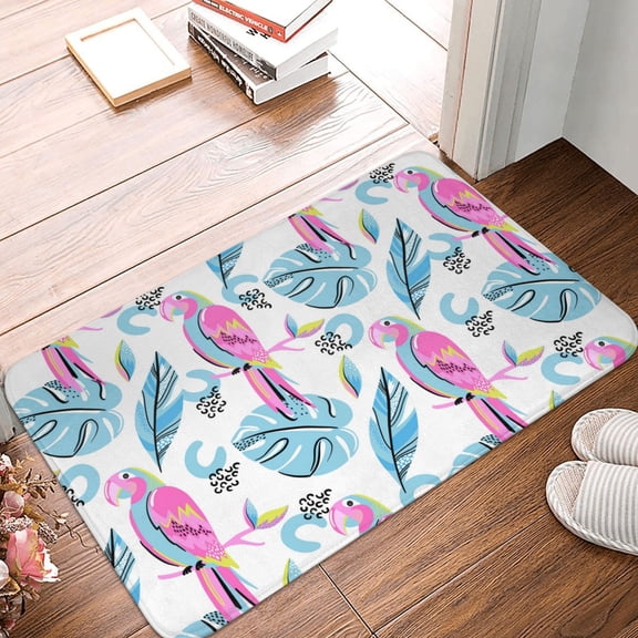 Front Door Mat Indoor Outdoor Outside Entrance - 16*24in Washable Painted Cute Parrot Monstera Thin Bathroom Rugs Fit Under Door, Bath Rugs for Bathroom, Kitchen Rugs Mats for Floor
