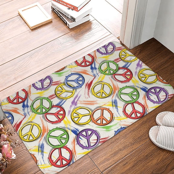 Front Door Mat Indoor Outdoor Outside Entrance - 16*24in Washable Peace Sign Hippie Style Thin Bathroom Rugs Fit Under Door, Bath Rugs for Bathroom, Kitchen Rugs Mats for Floor